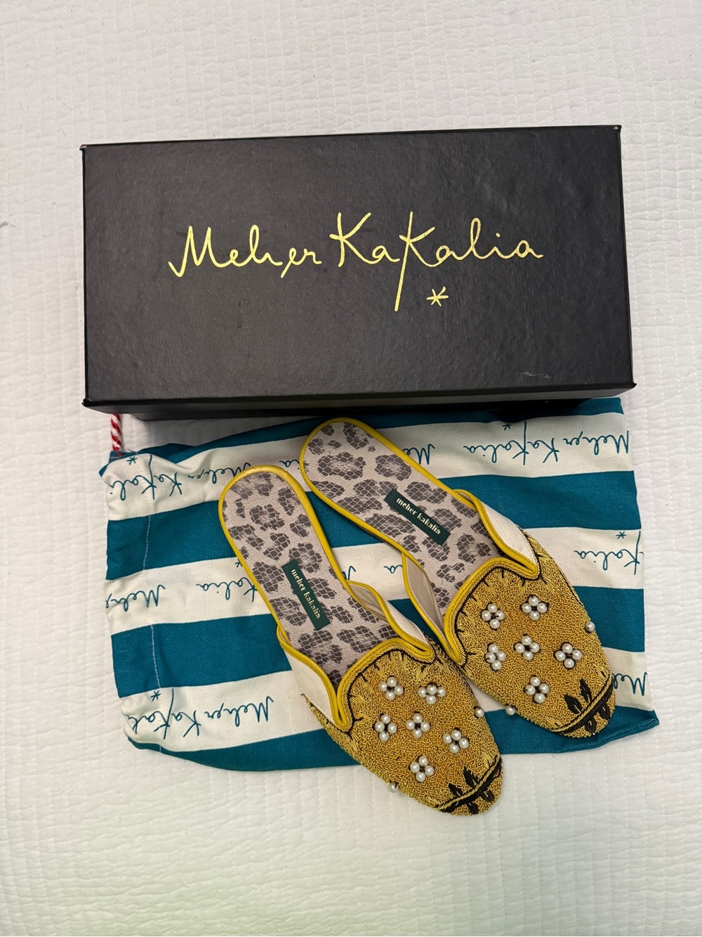 Meher Kakalia Handmade Embroidered Pearl Mules Slides EU 38 / US 7.5
